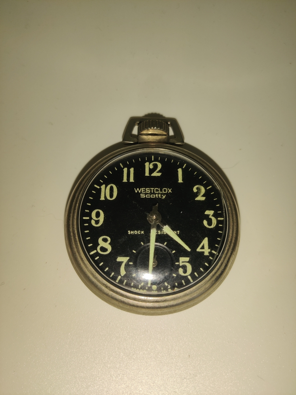Westclox Scotty Vintage Pocket Watch Silver Tone, Black Dial & Luminous Numbers